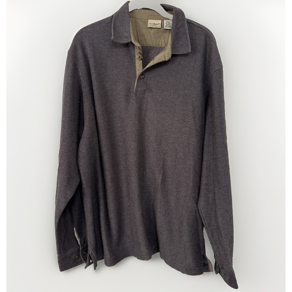 VTG LL Bean Mens Herringbone Knit Shirt L/S Rugby Polo Sweater XL Gray Brown